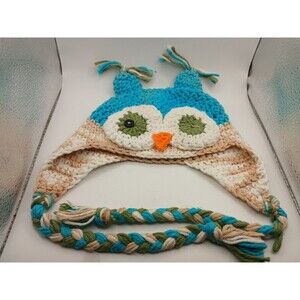 Handmade Owl Hat Baby Child Sized OOAK Turquoise Tan White Needs Button